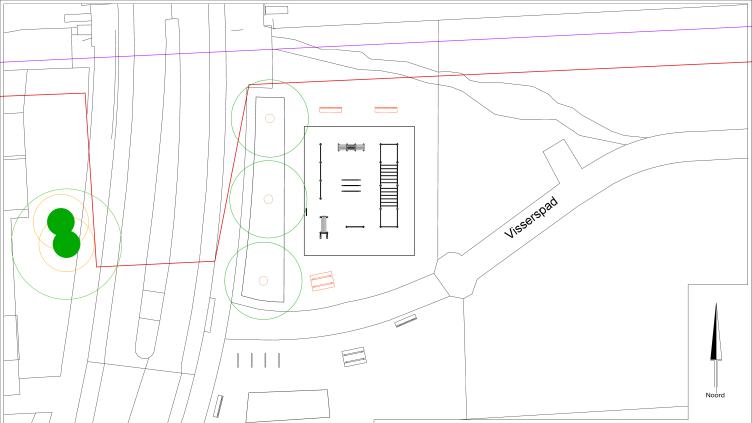 Bouwtekening bootcamptuin: Op de hoek van de Sophiaweg en het Visscherspad komt aan de noordoostelijke kant een bootcamptuin. Dit is op het grasveldje aan de linkerkant van het Visscherspad. Hier komen aan de kant van de Sophiaweg nieuwe bomen en beplanting. Op het grasveldje komen diverse toestellen om aan te sporten. Ook komen er een aantal bankjes en een picknicktafel.