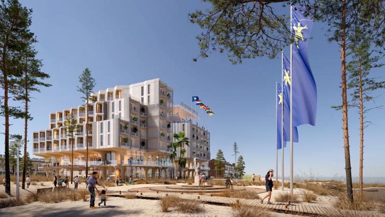 Impressie van hoe het nieuwe hotel er straks uit ziet vanaf de kant van de boulevard