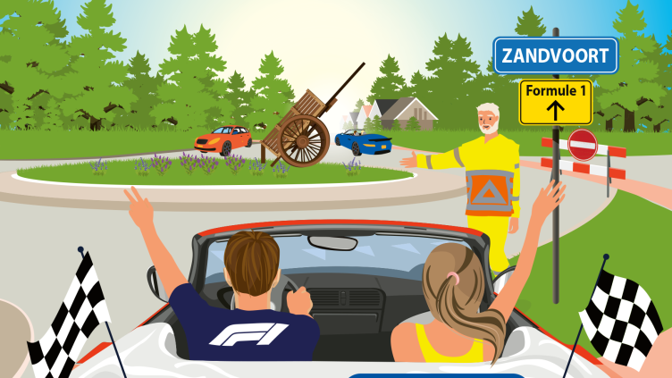 Getekende afbeelding van een man en vrouw die met de auto een rotonde richting Zandvoort oprijden