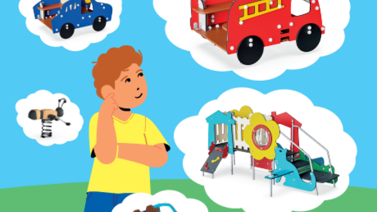 De advertentie waarmee omwonenden uitgenodigd worden mee te stemmen, hierop staat een jongetje met in denkwolkjes tekeningen van speeltoestellen erbij.