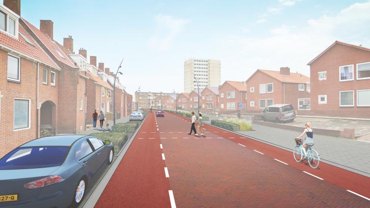 Een visualisatie van de vernieuwde Engelbertsstraat, met een enkele rijbaan en fietsstroken. Er is ook een brede stoep en parkeren aan 1 kant.