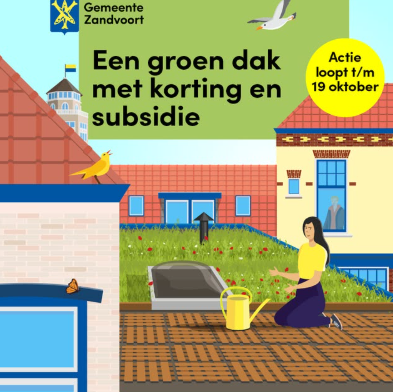 Advertentie van groene dak campagne met tekening van vrouw op groen dak en titel 'Een groen dak met korting en subsidie'