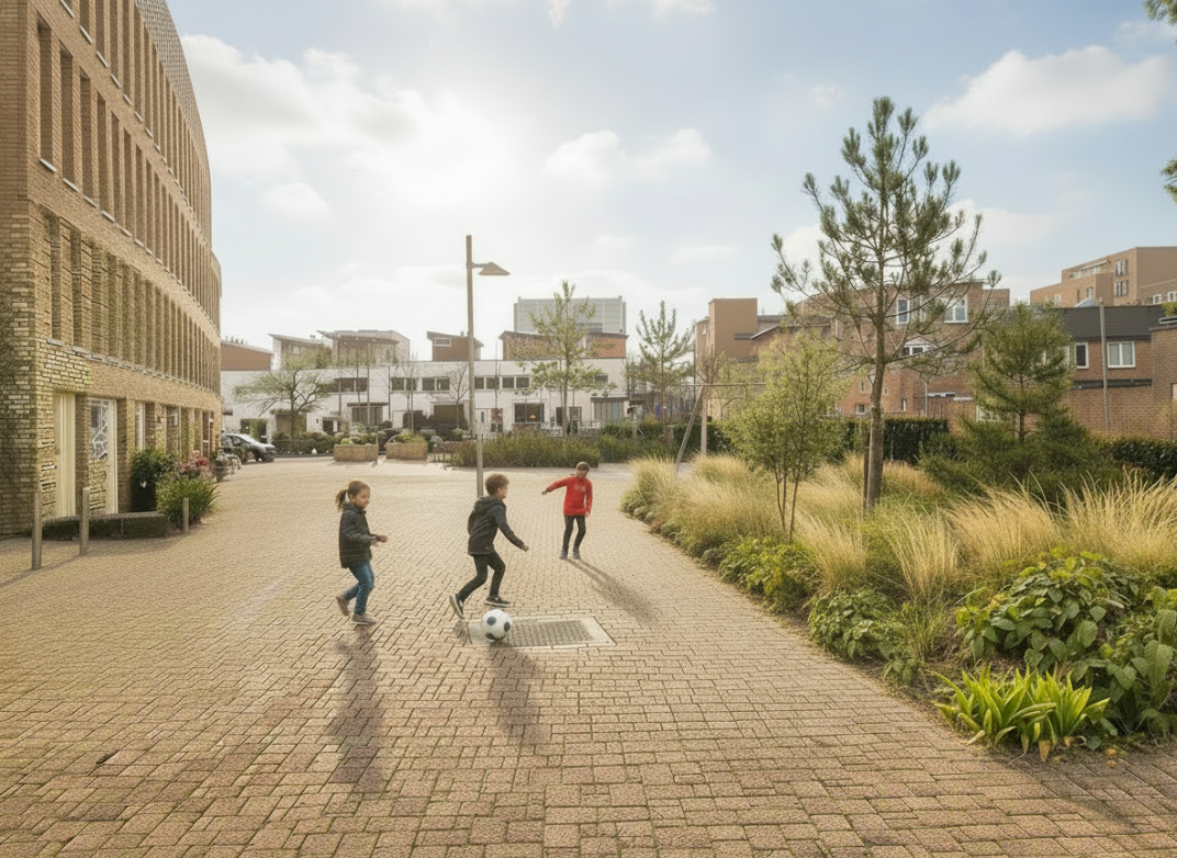 ontwerp voor vergroening Verzetsplein, waar meer groen en spelende kinderen op te zien zijn