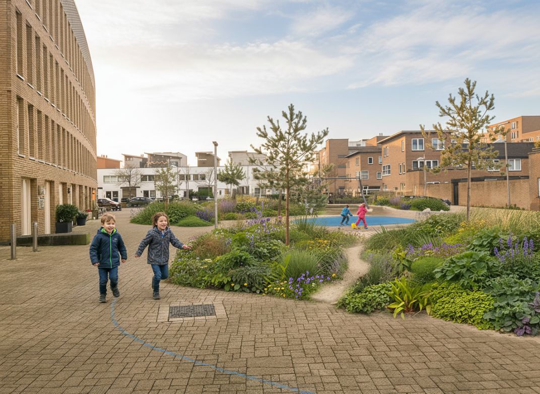 ontwerp voor vergroening Verzetsplein, waar meer groen en spelende kinderen op te zien zijn