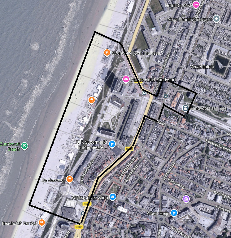 De noodverordening geldt van vriEen kaart van het gebied tussen strandpaviljoen Thalassa en Beachclub Far Out. Dit omvat het strand (inclusief strandpaviljoens), boulevard, en het stationsgebied. 