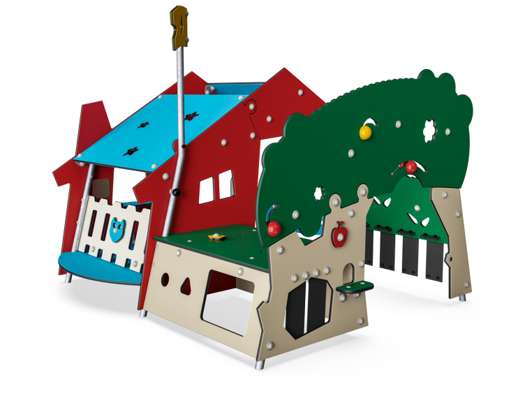 Een speelhuisje in de vorm van huis met tuin