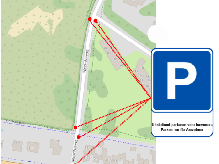 Locaties van de borden op de kaart, langs de Westerduinweg, met een voorbeeld van hoe het bord eruit komt te zien: een blauw bord met witte 'P' en een onderbord 'Parkeren alleen voor bewoners'.
