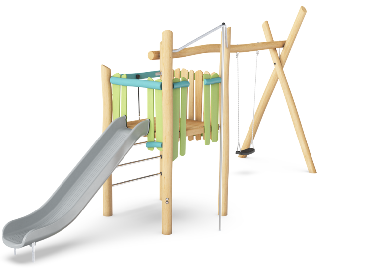 Schommel met huisje en glijbaan