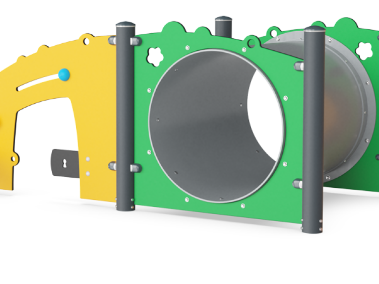 Tunnel speeltoestel met klimobjecten en felle kleuren