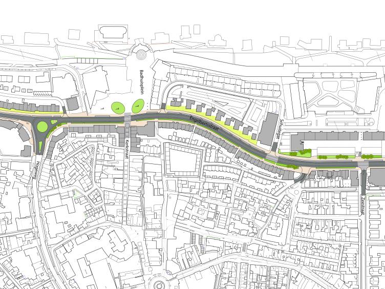Een schetsontwerp van de Engelbertsstraat waarin van bovenaf te zien is wat het voorstel is.