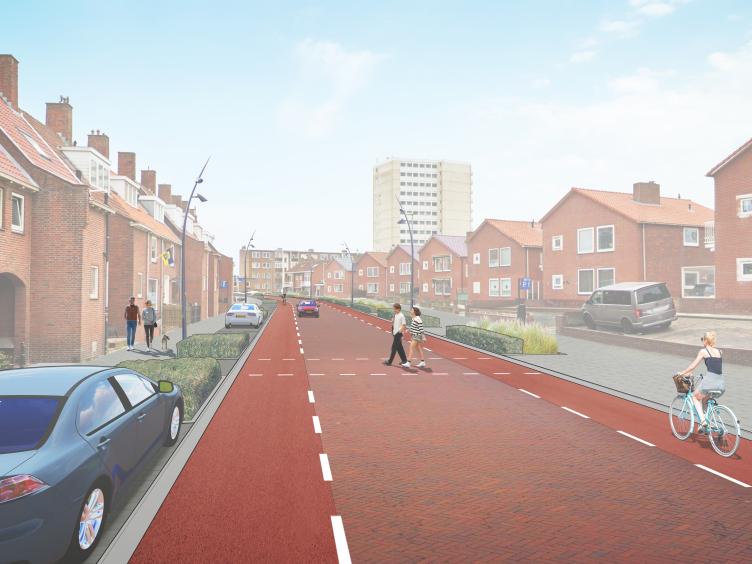 Een visualisatie van de vernieuwde Engelbertsstraat, met een enkele rijbaan en fietsstroken. Er is ook een brede stoep en parkeren aan 1 kant.