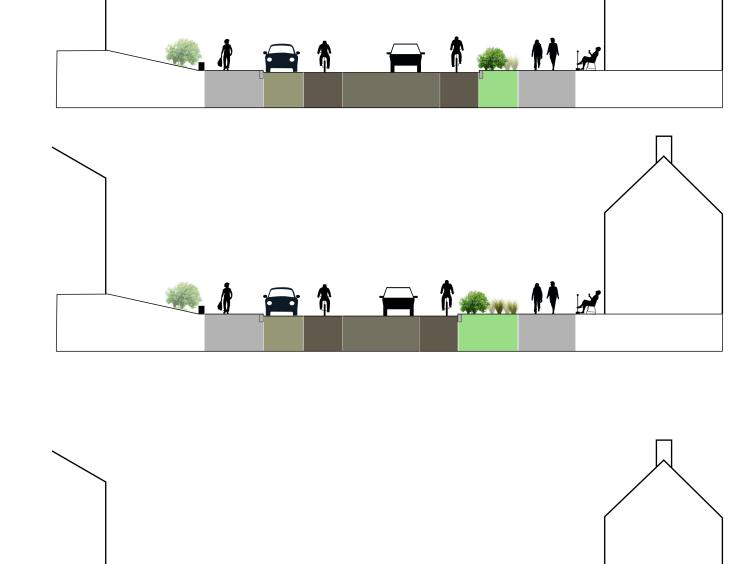 Het bovenste profiel is de huidige situatie van de Engelbersstraat. De andere profielen zijn verschillende opties voor de nieuwe situatie (meer/minder groen, zijde parkeren, zijde groen, breedte rijweg).