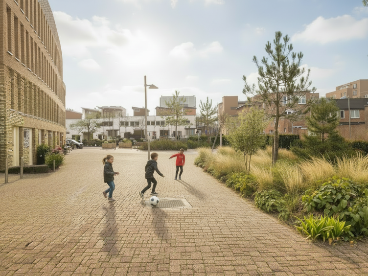 ontwerp voor vergroening Verzetsplein, waar meer groen en spelende kinderen op te zien zijn