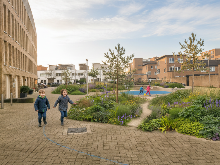 ontwerp voor vergroening Verzetsplein, waar meer groen en spelende kinderen op te zien zijn