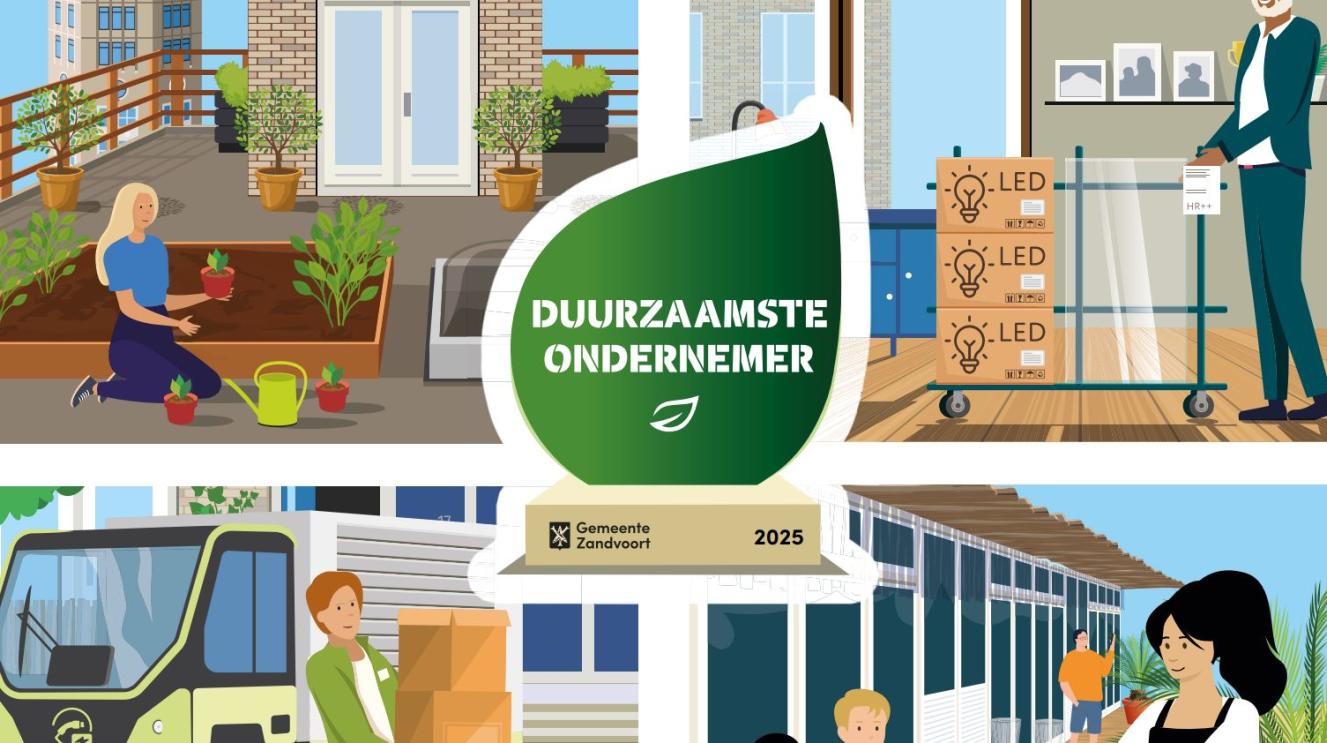 Getekende duurzaamheidsbokaal omringd door getekende voorbeelden van duurzame initiatieven