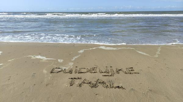 De woorden Duidelijke Taal geschreven in het zand op het strand